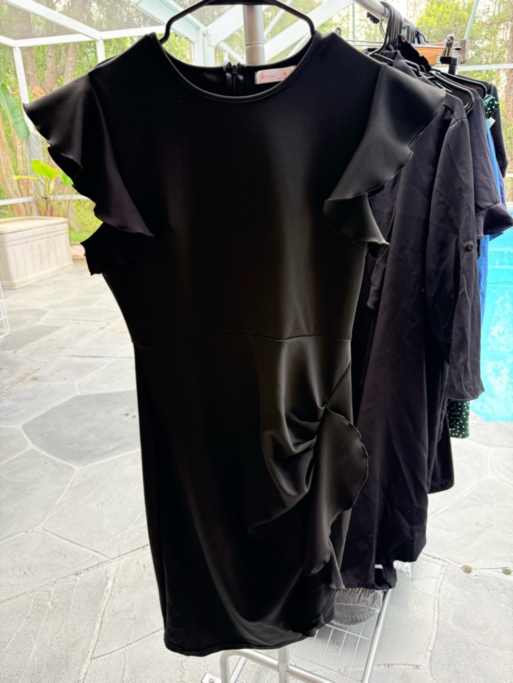 Black Ruffle Sleeve Bodycon Dress XL Ruched Side Stretch Work Office Date Night